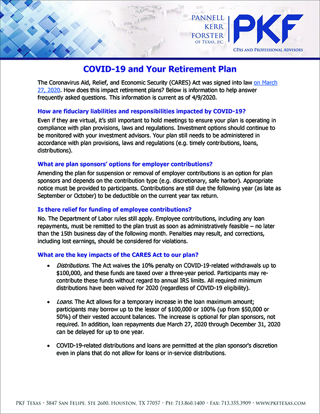 CARES Act Impacts Retirement Plans – April 10th COVID-19 Update from PKF Texas
