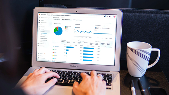 a person working on a laptop with data bar graphs and pie charts on screen; image used for blog post about data analytics helping not-for-profit decisions
