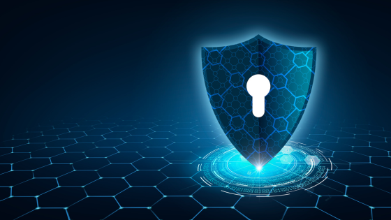 A digital image of a shield with a glowing keyhole; for blog post about combating hackers